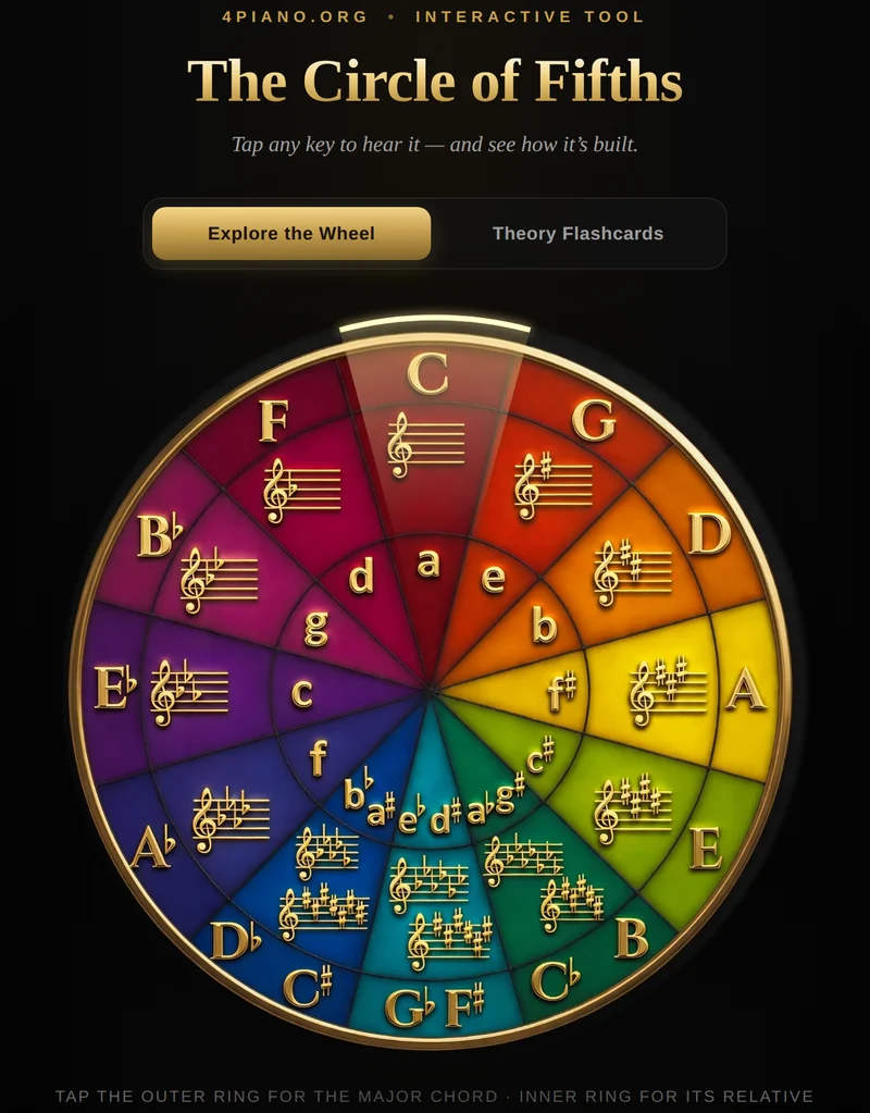 The 4Piano.org Circle of Fifths app — an interactive colour-coded wheel of all 12 keys, their scales and chords